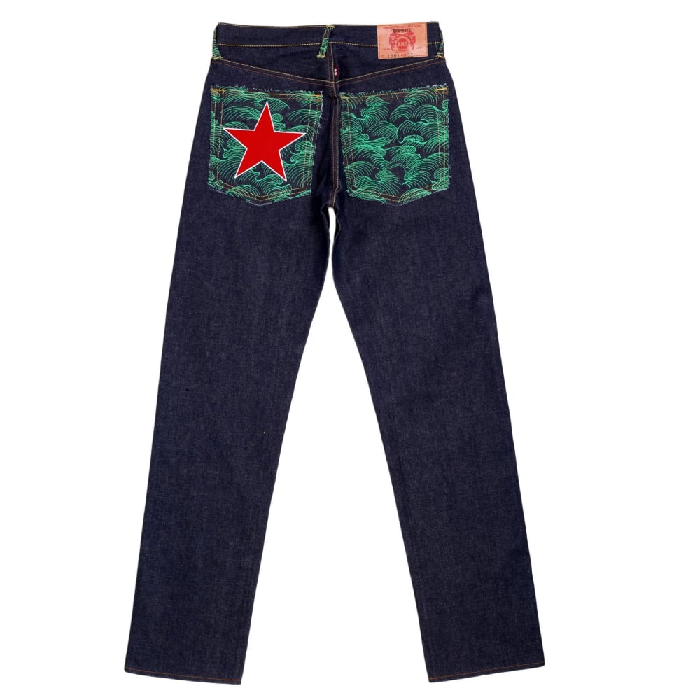Dark Indigo Raw Denim Jeans with Embroidered British Red Star