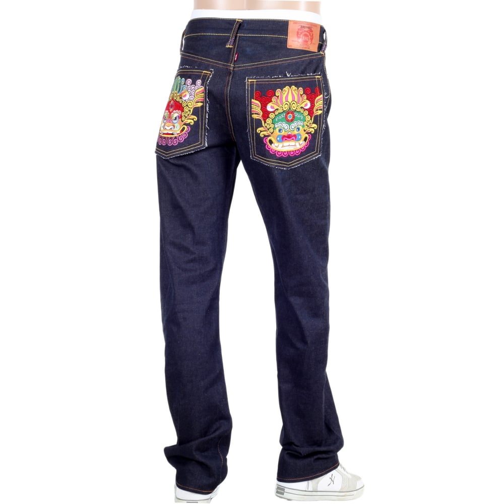 Vintage Cut Dark Indigo Raw Selvedge Denim with Embroidered Oriental Lions