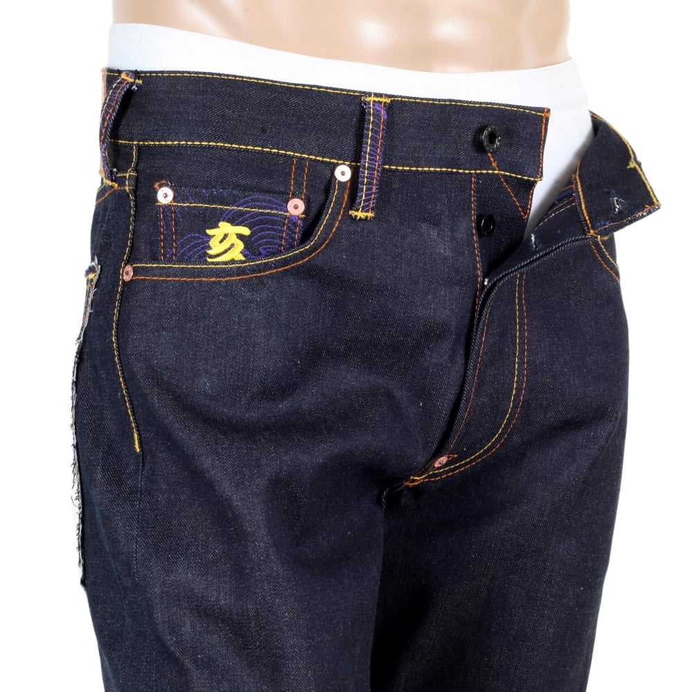Vintage Cut Dark Indigo Raw Selvedge Denim with Embroidered Oriental Lions