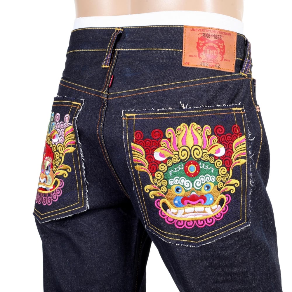 Vintage Cut Dark Indigo Raw Selvedge Denim with Embroidered Oriental Lions