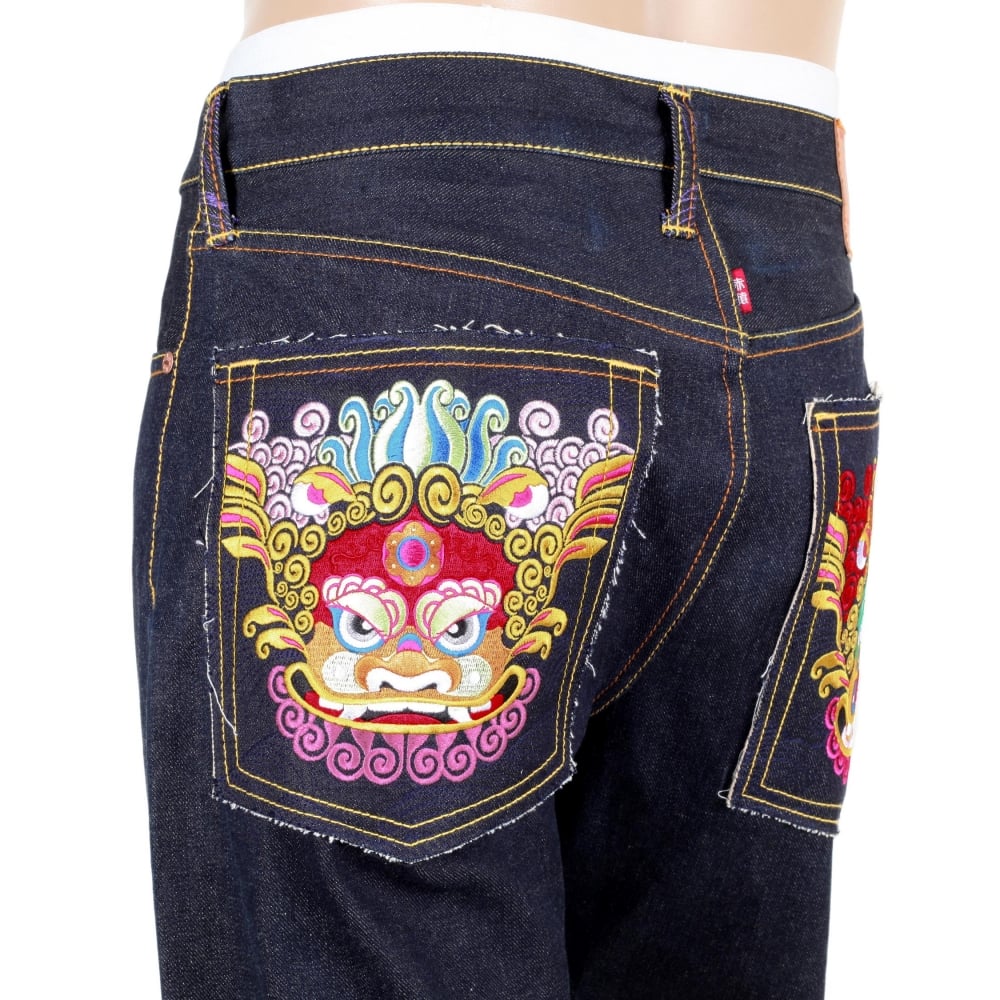 Vintage Cut Dark Indigo Raw Selvedge Denim with Embroidered Oriental Lions