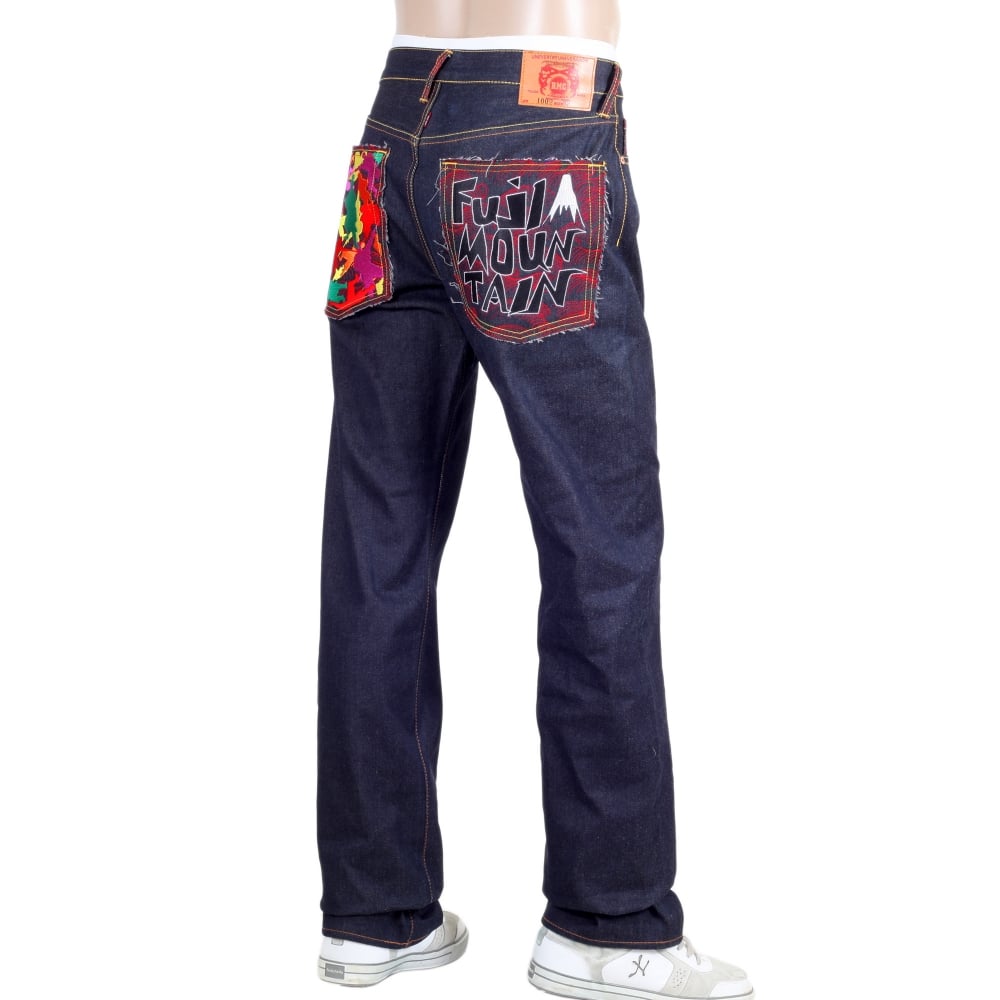 Genuine Dark Indigo Raw Denim Jeans with Embroidered Fuji Mountain and Samurai Camo