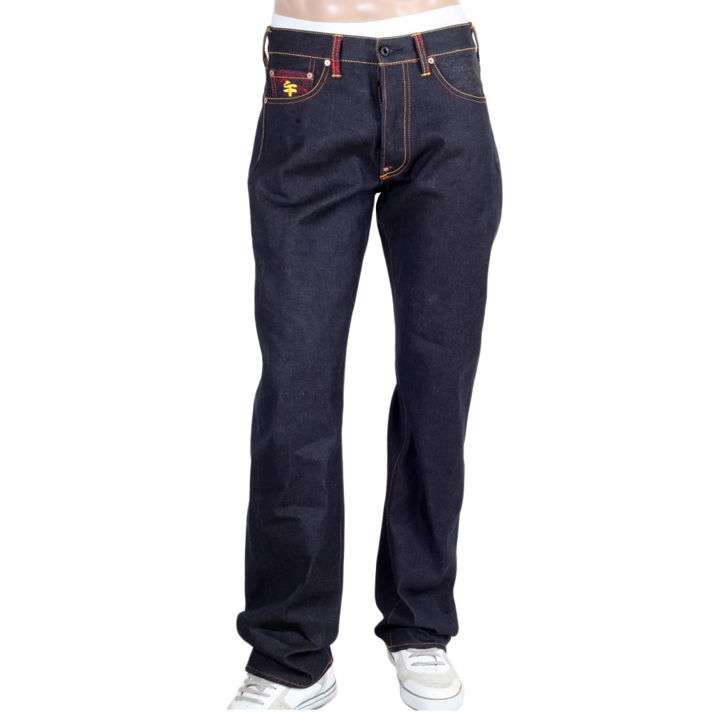 Genuine Dark Indigo Raw Denim Jeans with Embroidered Fuji Mountain and Samurai Camo