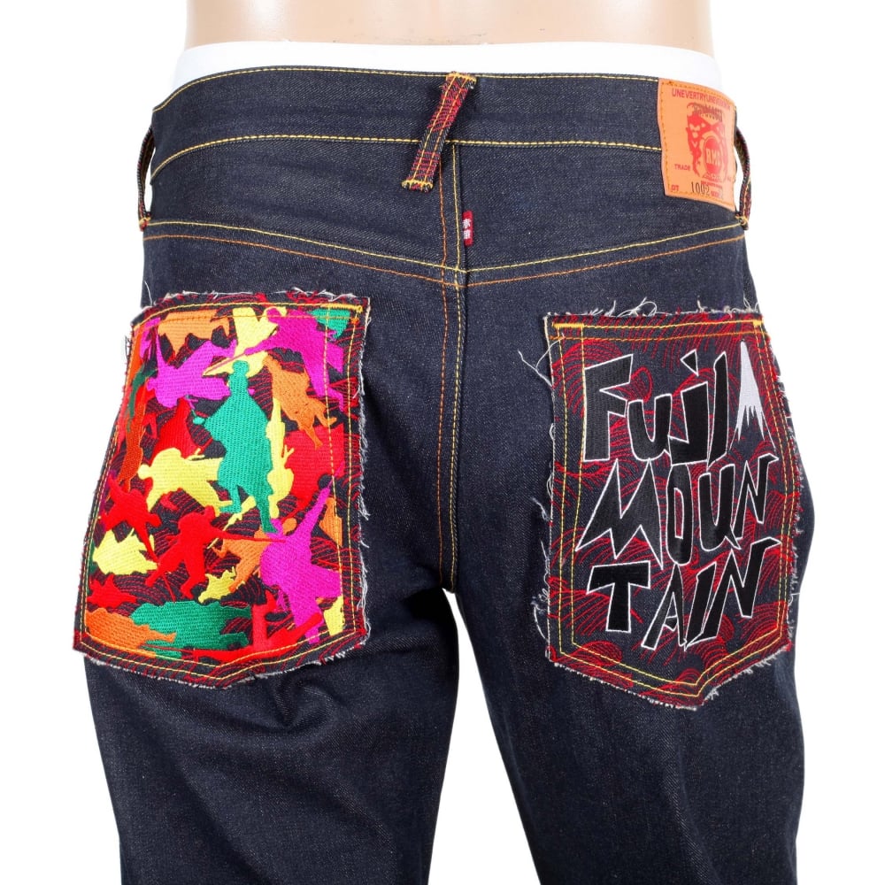 Genuine Dark Indigo Raw Denim Jeans with Embroidered Fuji Mountain and Samurai Camo