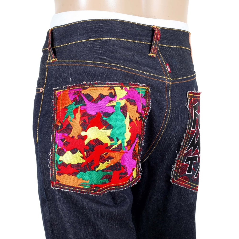 Genuine Dark Indigo Raw Denim Jeans with Embroidered Fuji Mountain and Samurai Camo