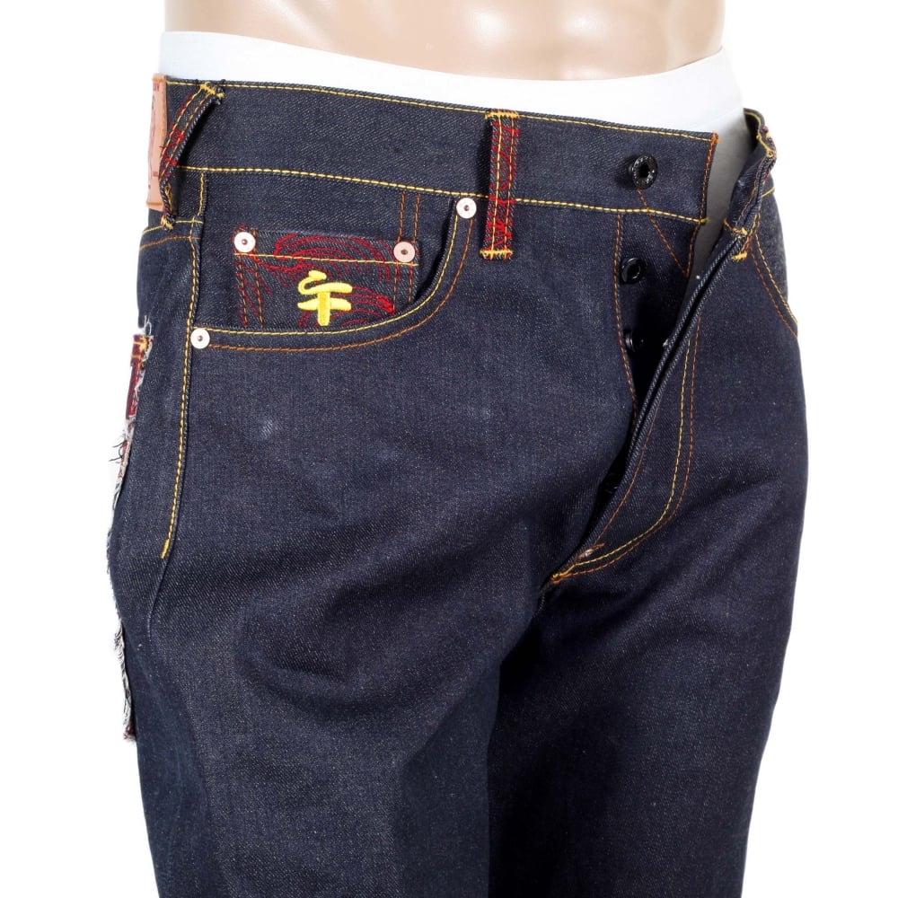 Genuine Dark Indigo Raw Denim Jeans with Embroidered Fuji Mountain and Samurai Camo
