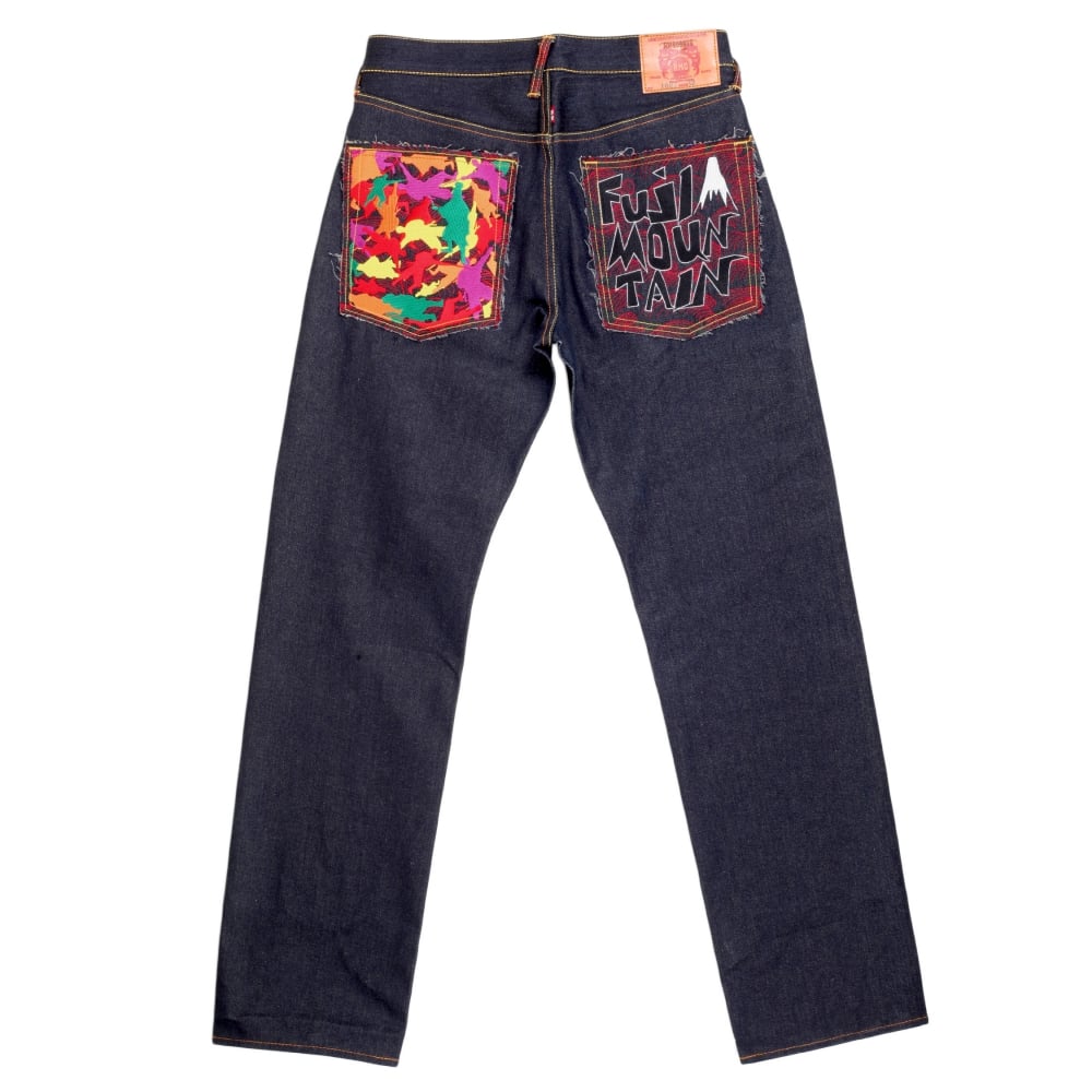Genuine Dark Indigo Raw Denim Jeans with Embroidered Fuji Mountain and Samurai Camo