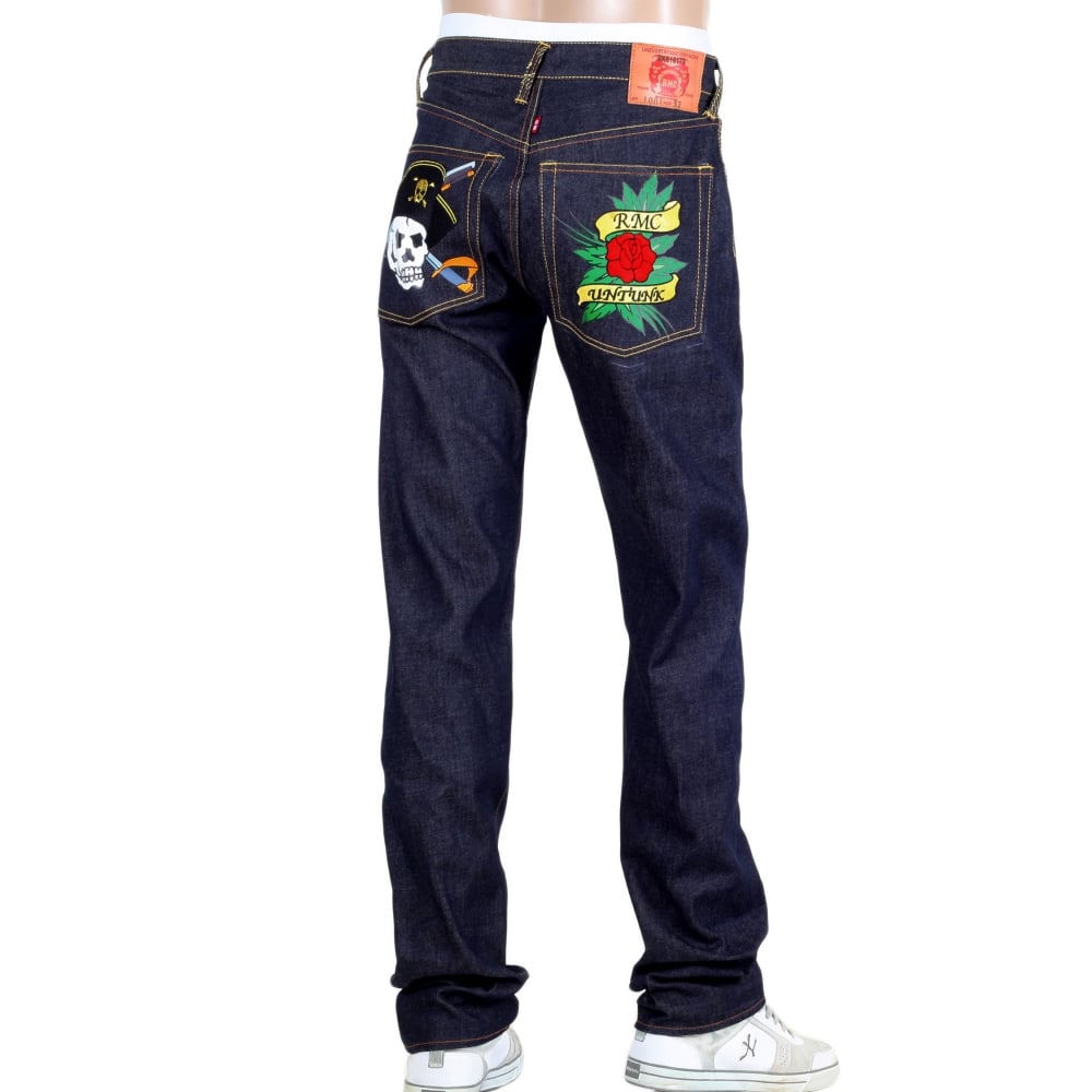 Regular Fit Dark Indigo Raw Selvedge Denim with Embroidered British Pirate and Rose