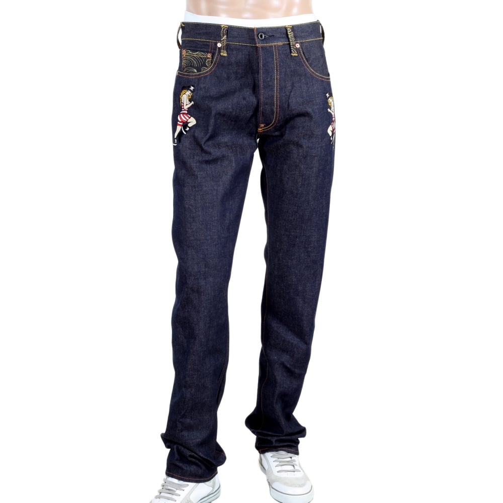 Regular Fit Dark Indigo Raw Selvedge Denim with Embroidered British Pirate and Rose