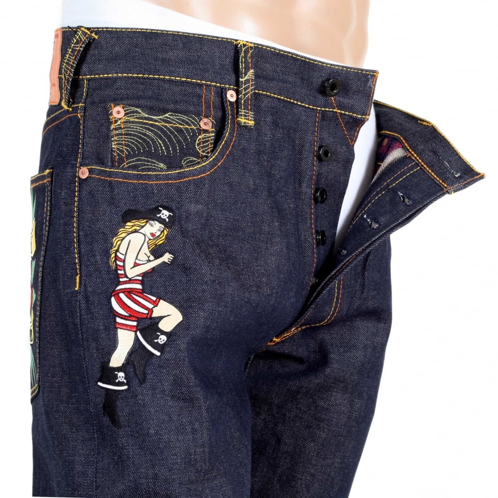 Regular Fit Dark Indigo Raw Selvedge Denim with Embroidered British Pirate and Rose