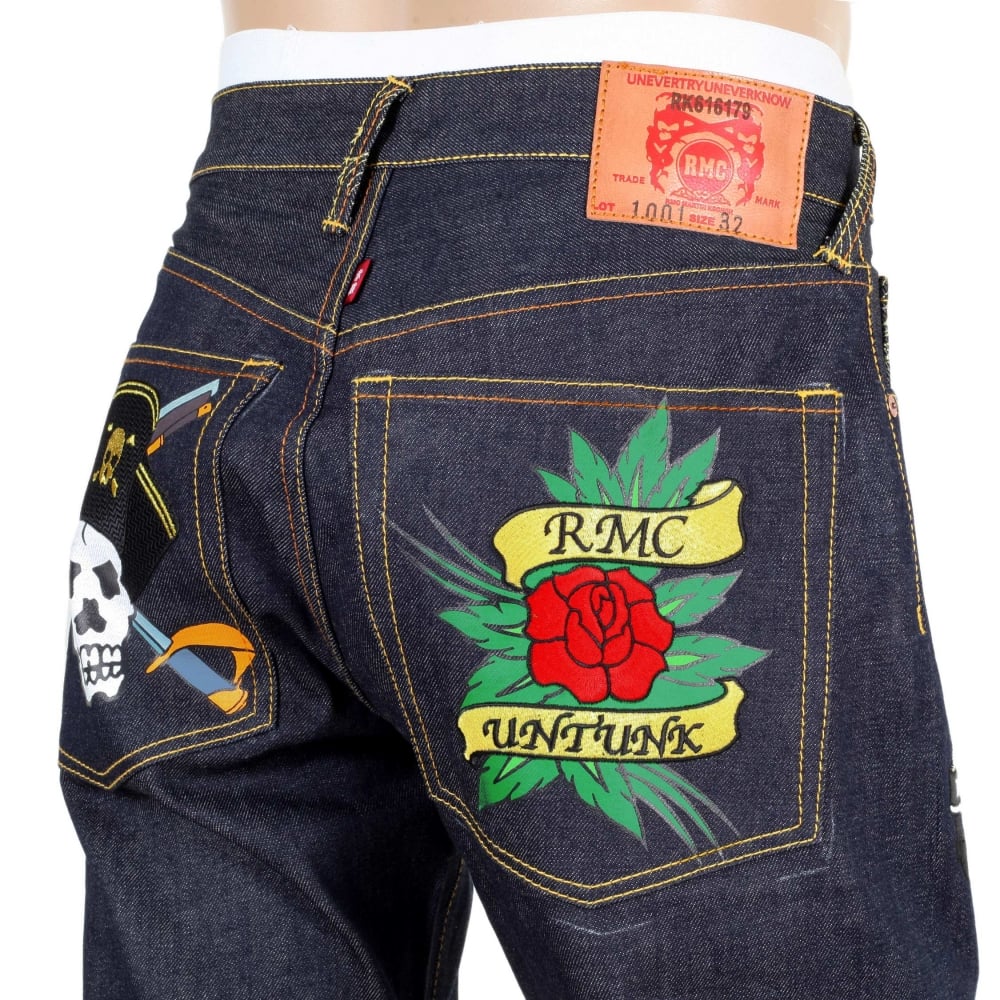 Regular Fit Dark Indigo Raw Selvedge Denim with Embroidered British Pirate and Rose