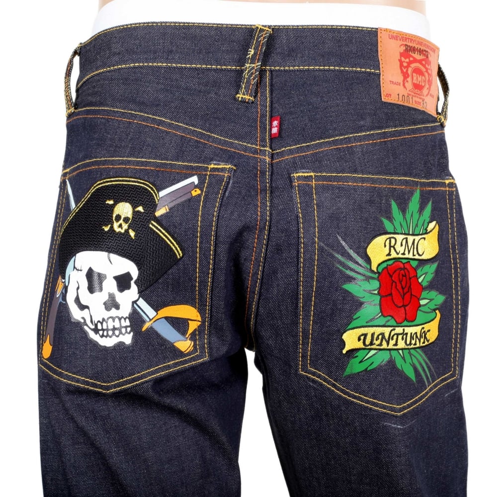 Regular Fit Dark Indigo Raw Selvedge Denim with Embroidered British Pirate and Rose