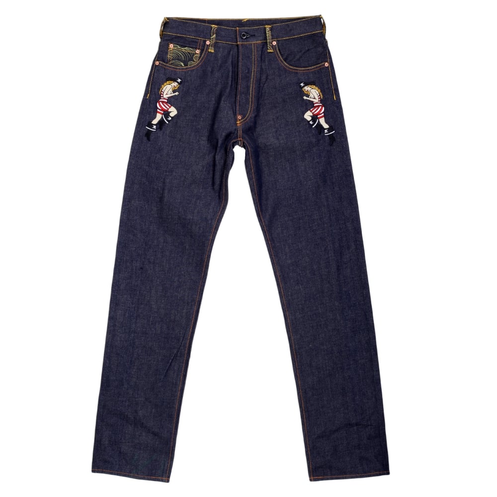 Regular Fit Dark Indigo Raw Selvedge Denim with Embroidered British Pirate and Rose