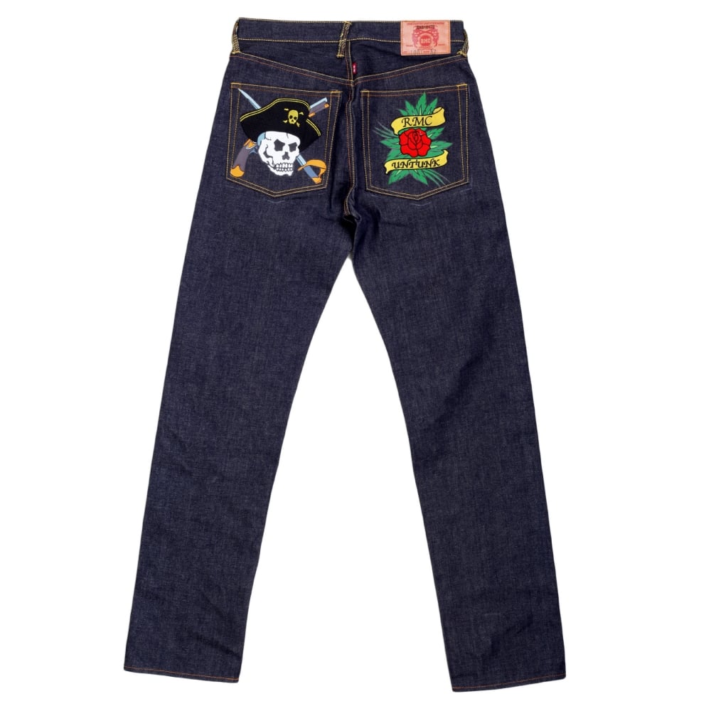 Regular Fit Dark Indigo Raw Selvedge Denim with Embroidered British Pirate and Rose