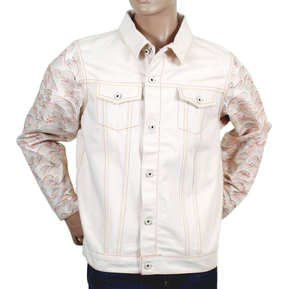 Embroidered Multicolour Regular Fit Denim Jacket with Embroidered Tsunami Wave Sleeves