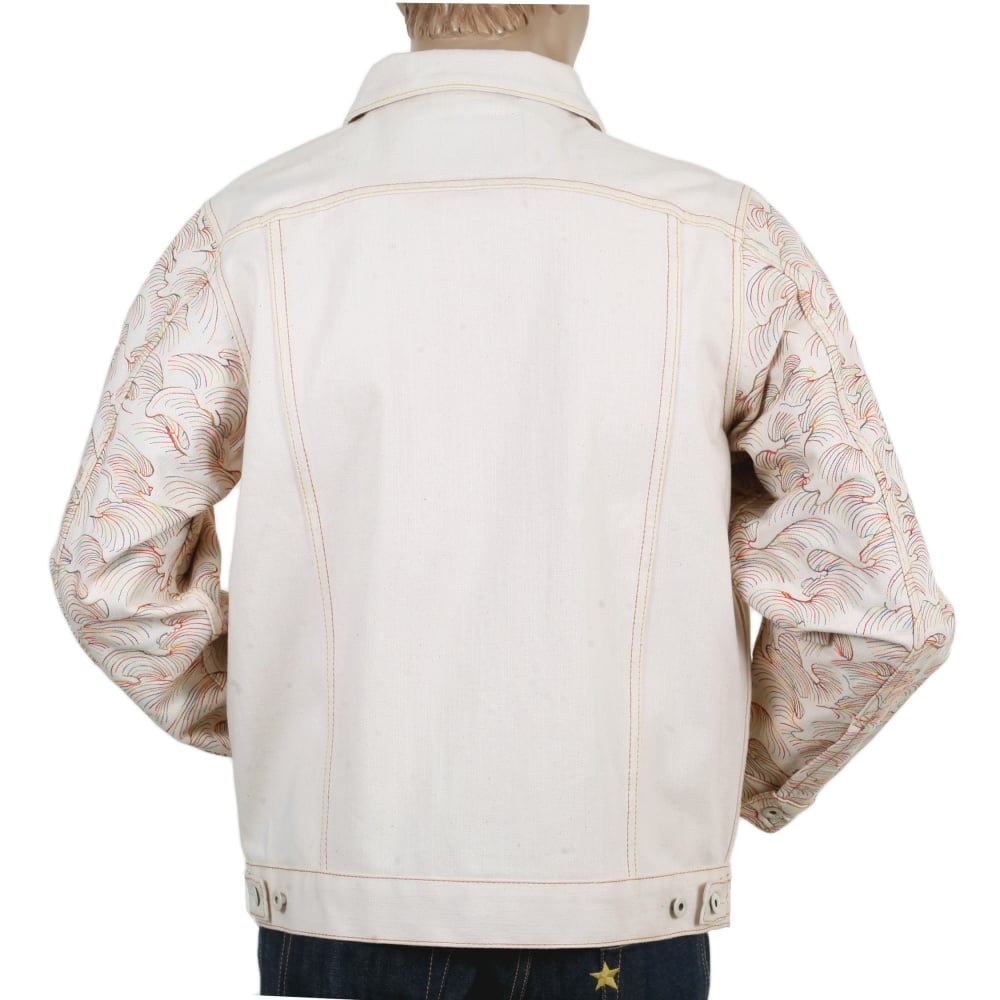 Embroidered Multicolour Regular Fit Denim Jacket with Embroidered Tsunami Wave Sleeves