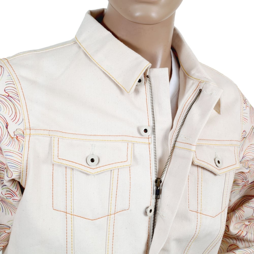 Embroidered Multicolour Regular Fit Denim Jacket with Embroidered Tsunami Wave Sleeves