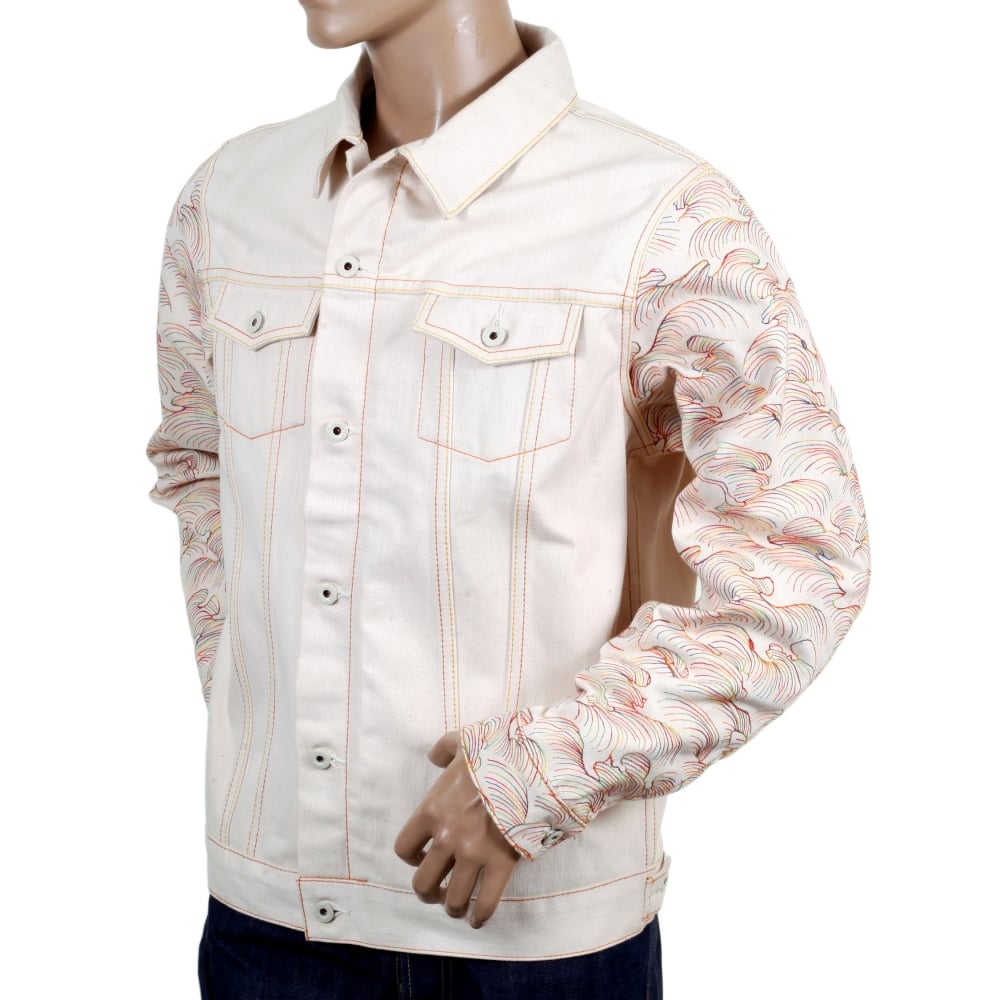 Embroidered Multicolour Regular Fit Denim Jacket with Embroidered Tsunami Wave Sleeves