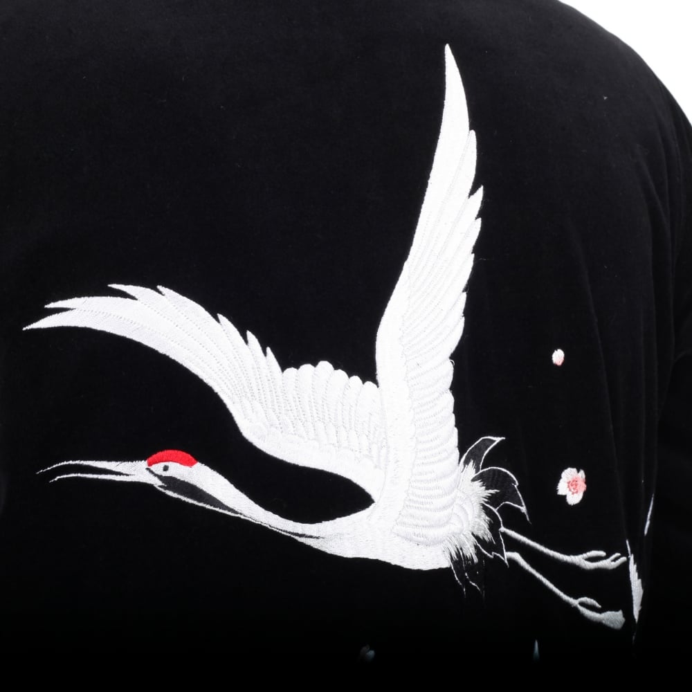 Black Hooded Regular Fit Embroidered Sakura Flower and Crane Jacket