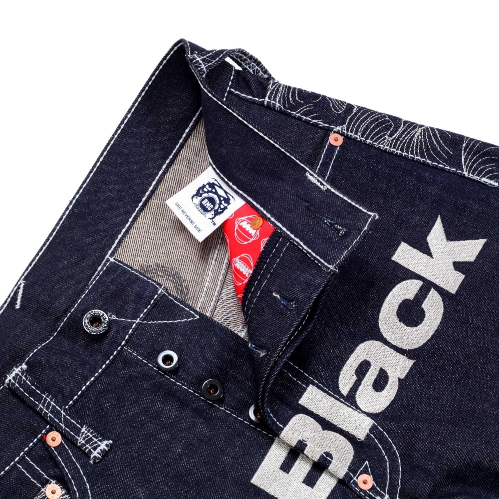 Super Exclusive Dark Indigo Selvedge Raw Denim Jeans with Like Black Silver Embroidery