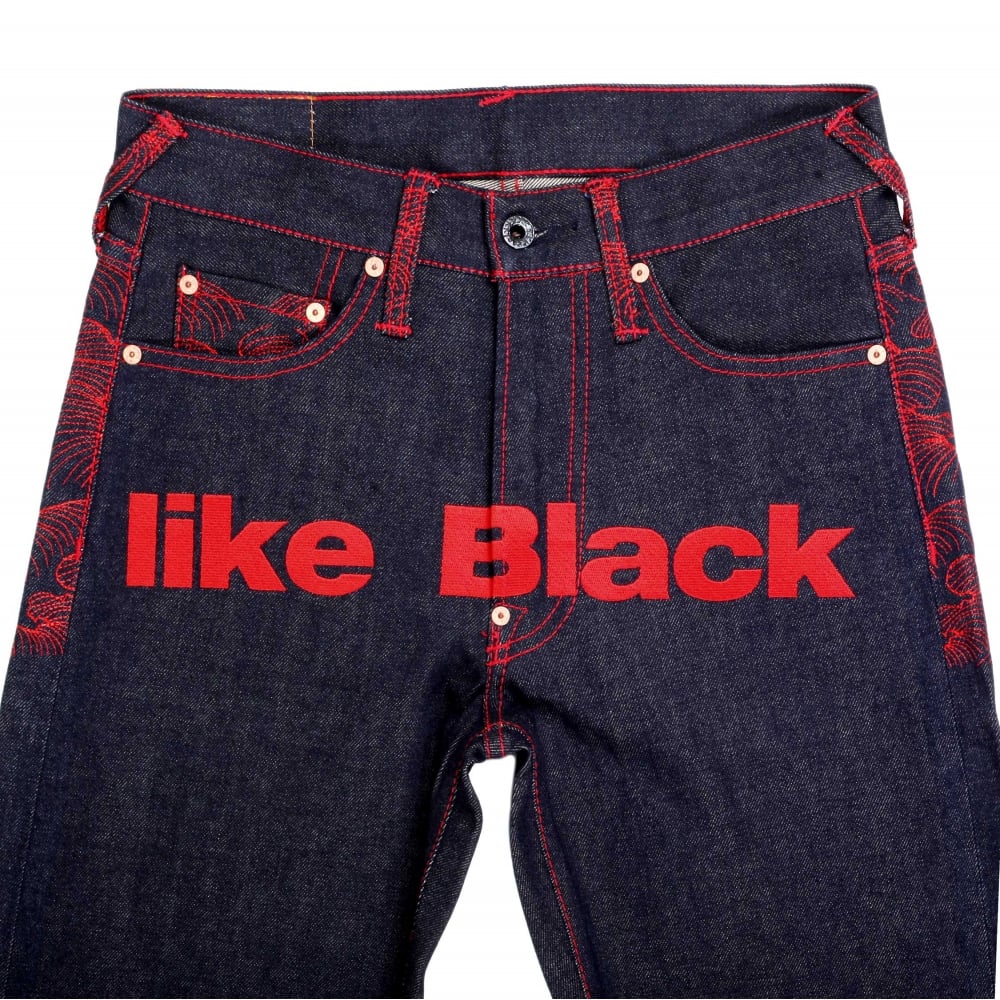 Rare Selvedge Denim Jeans with 4A LIKE BLACK red Embroidery