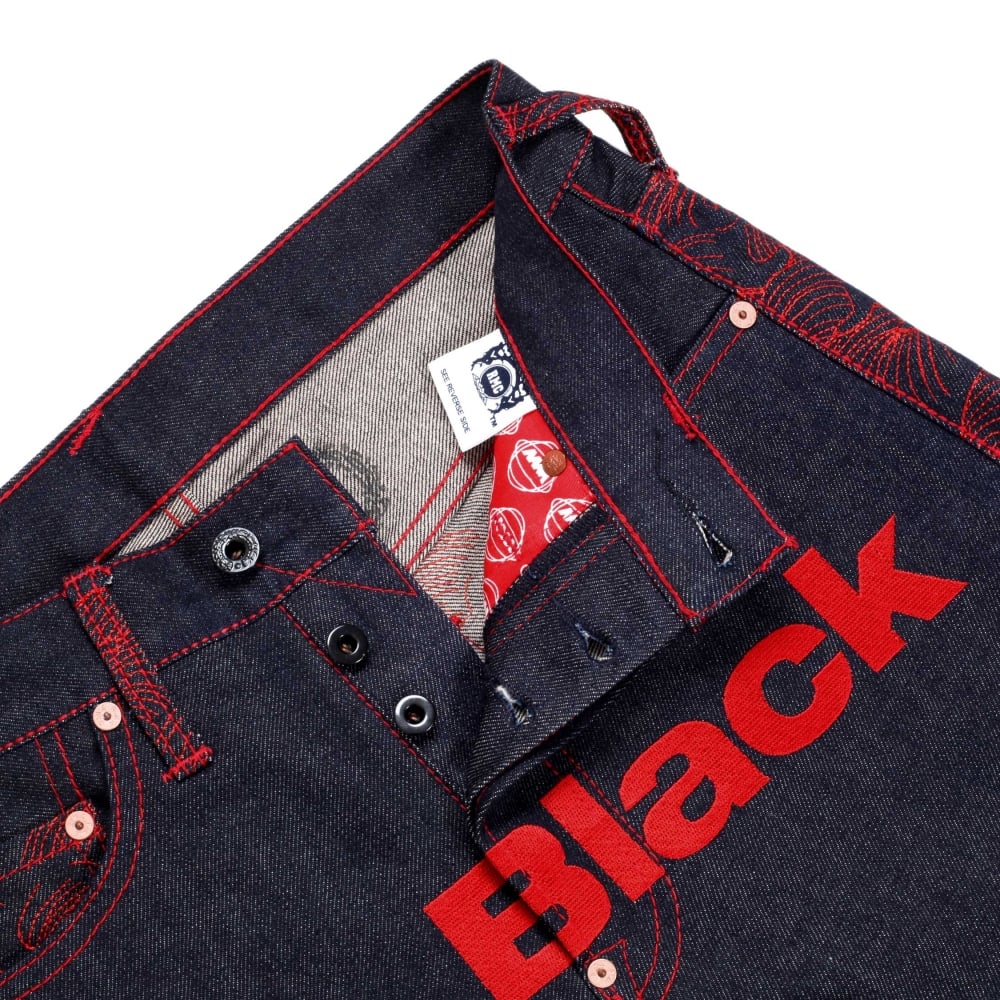 Rare Selvedge Denim Jeans with 4A LIKE BLACK red Embroidery