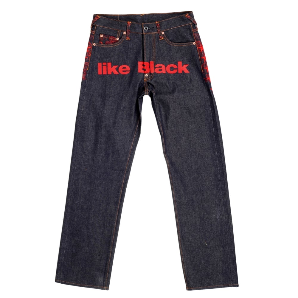 Exclusive Dark Indigo Selvedge Raw Denim Jeans with Like Black Red Embroidery