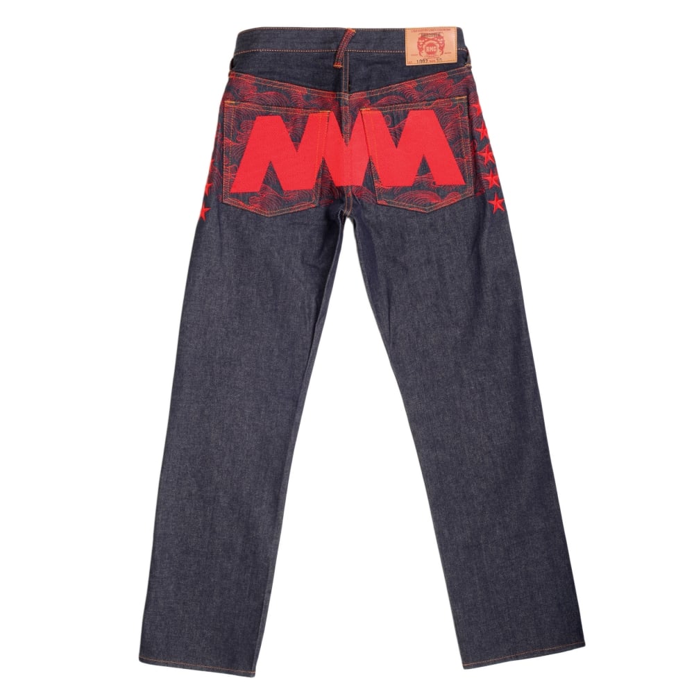 Exclusive Dark Indigo Selvedge Raw Denim Jeans with Like Black Red Embroidery