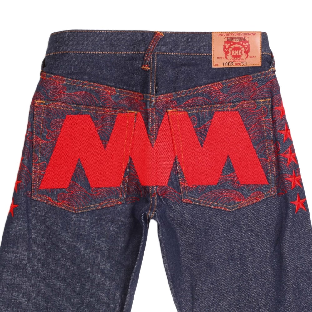 Exclusive Dark Indigo Selvedge Raw Denim Jeans with Like Black Red Embroidery