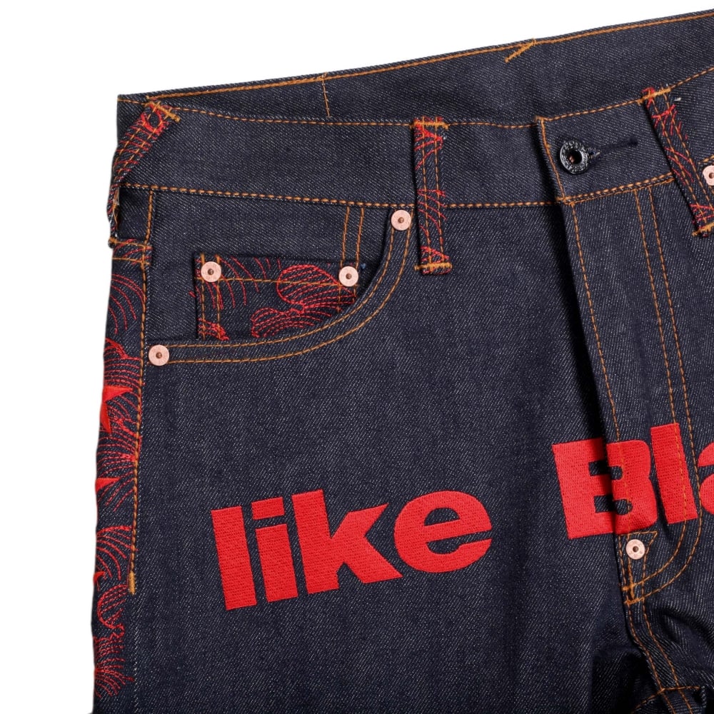 Exclusive Dark Indigo Selvedge Raw Denim Jeans with Like Black Red Embroidery