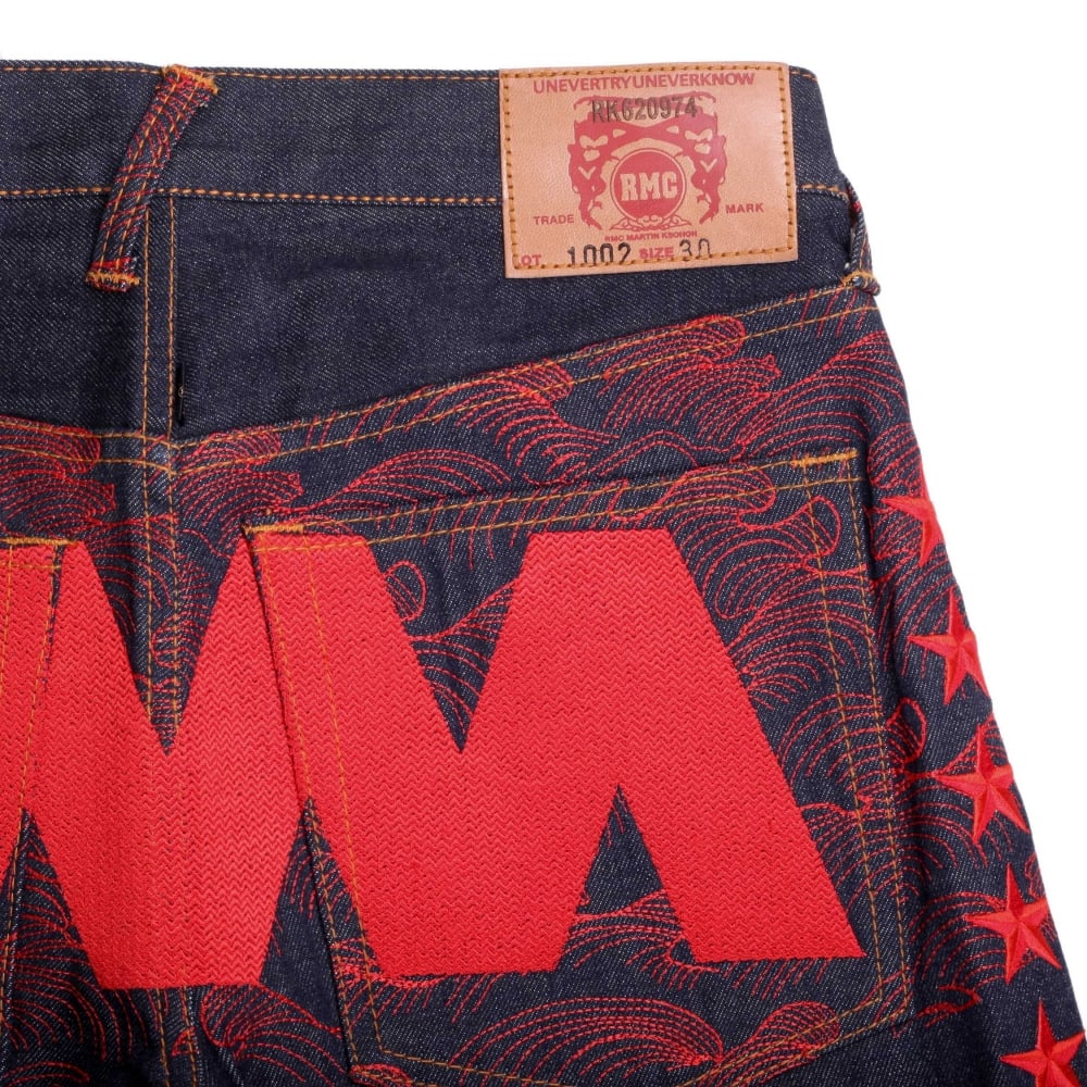 Exclusive Dark Indigo Selvedge Raw Denim Jeans with Like Black Red Embroidery