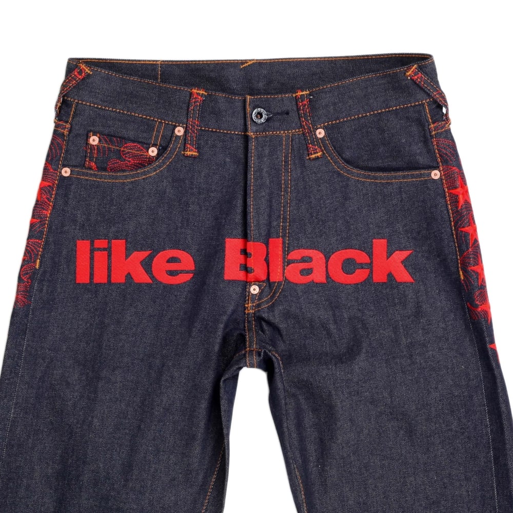 Exclusive Dark Indigo Selvedge Raw Denim Jeans with Like Black Red Embroidery