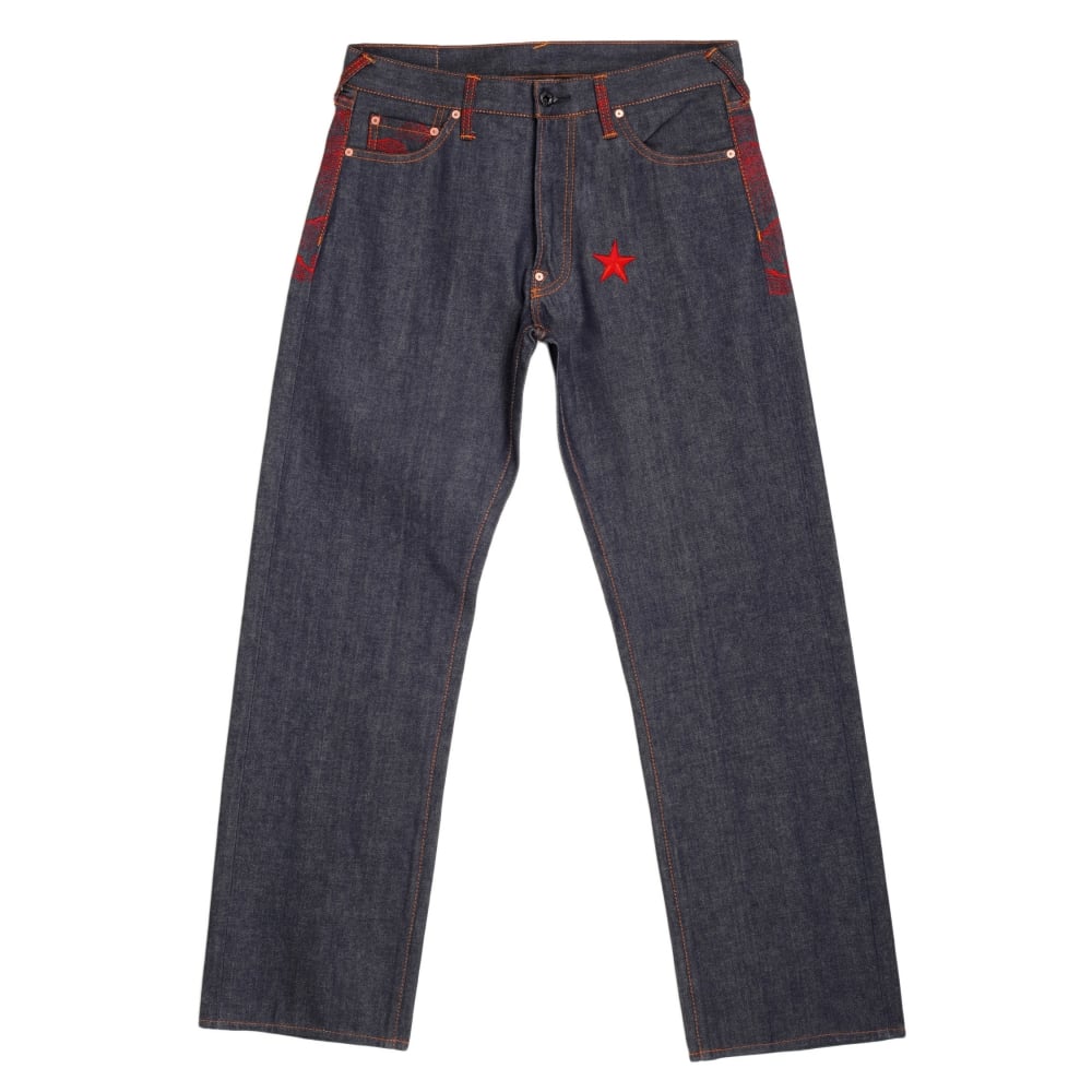 Exclusive 4A Dark Indigo Selvedge Raw Denim Jeans with Embroidered Red Star