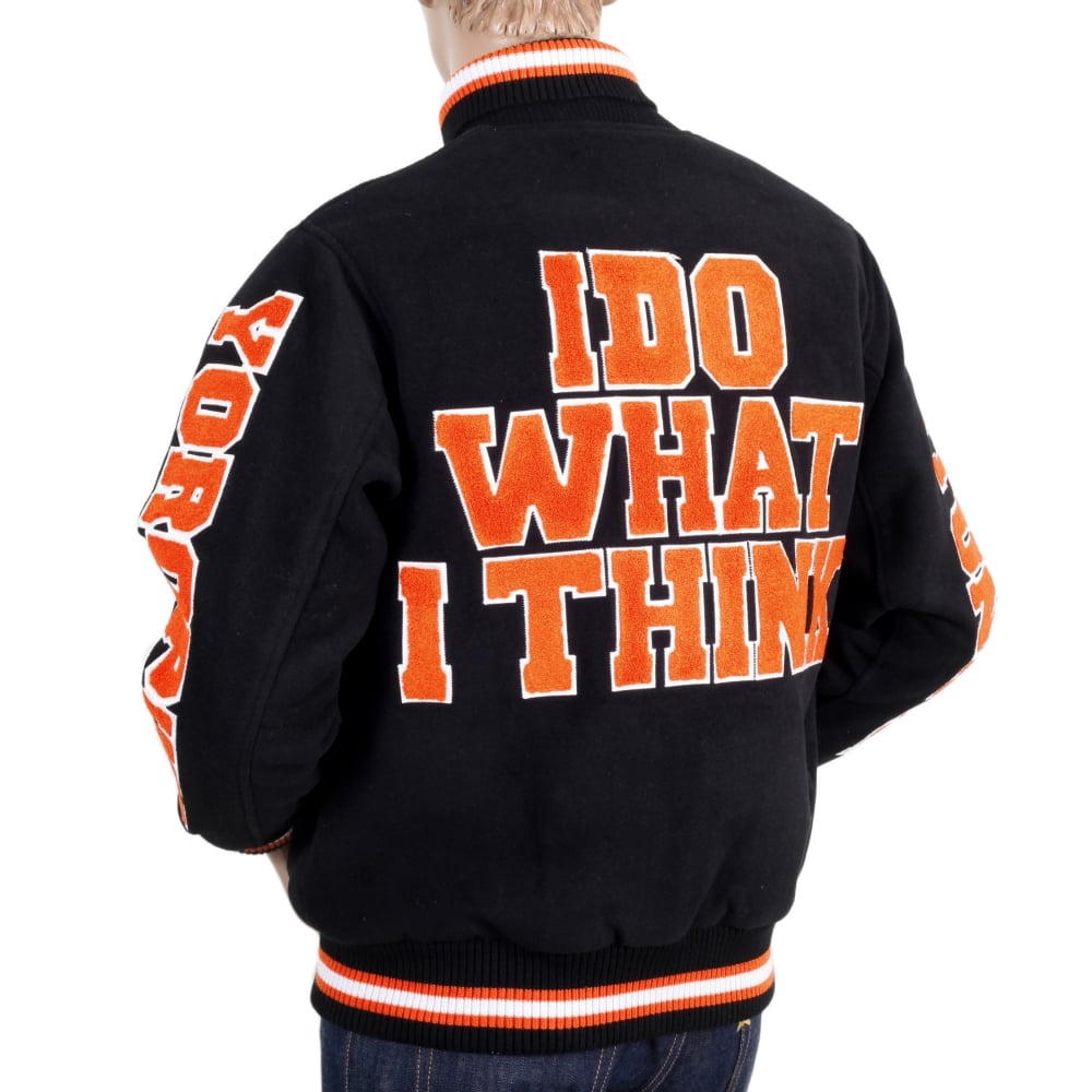 Black with Orange and White Regular Fit Varsity Baseball Jacket Mens