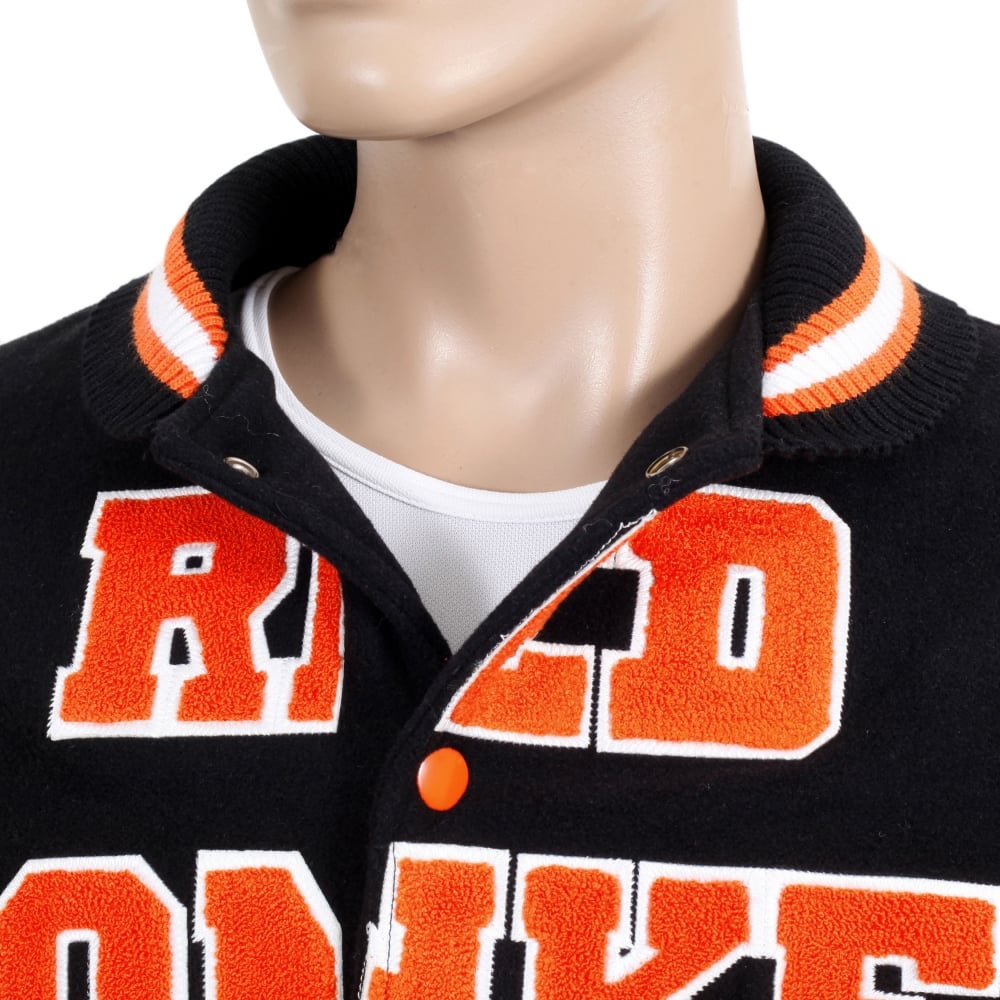 Black with Orange and White Regular Fit Varsity Baseball Jacket Mens