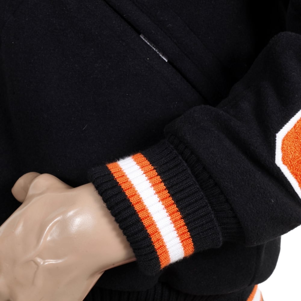 Black with Orange and White Regular Fit Varsity Baseball Jacket Mens