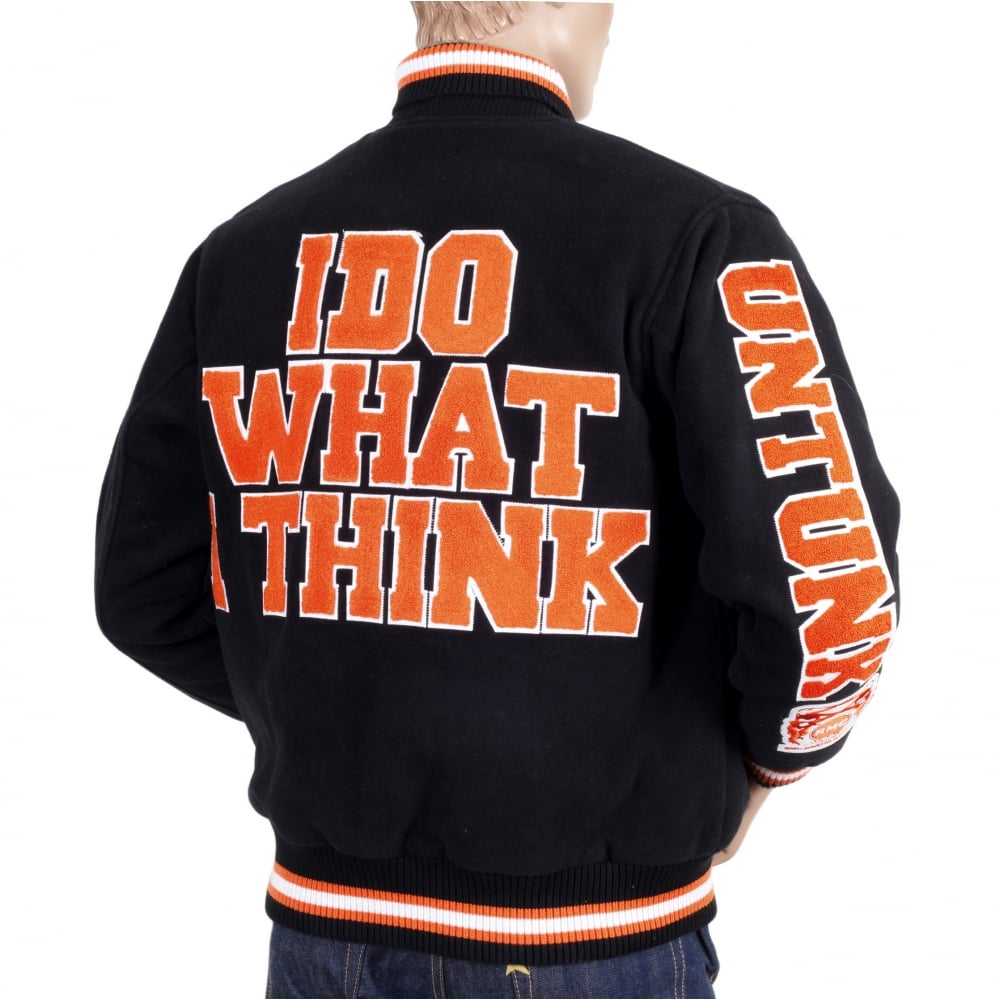 Black with Orange and White Regular Fit Varsity Baseball Jacket Mens