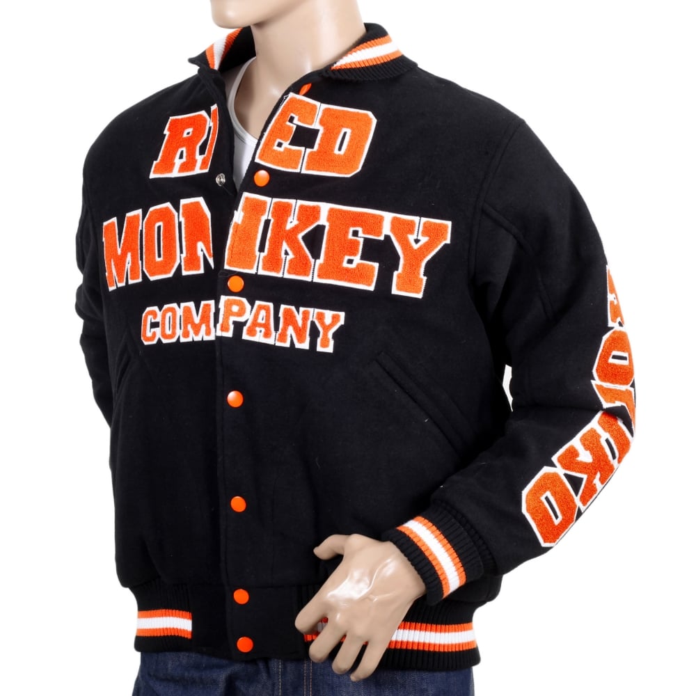Black with Orange and White Regular Fit Varsity Baseball Jacket Mens
