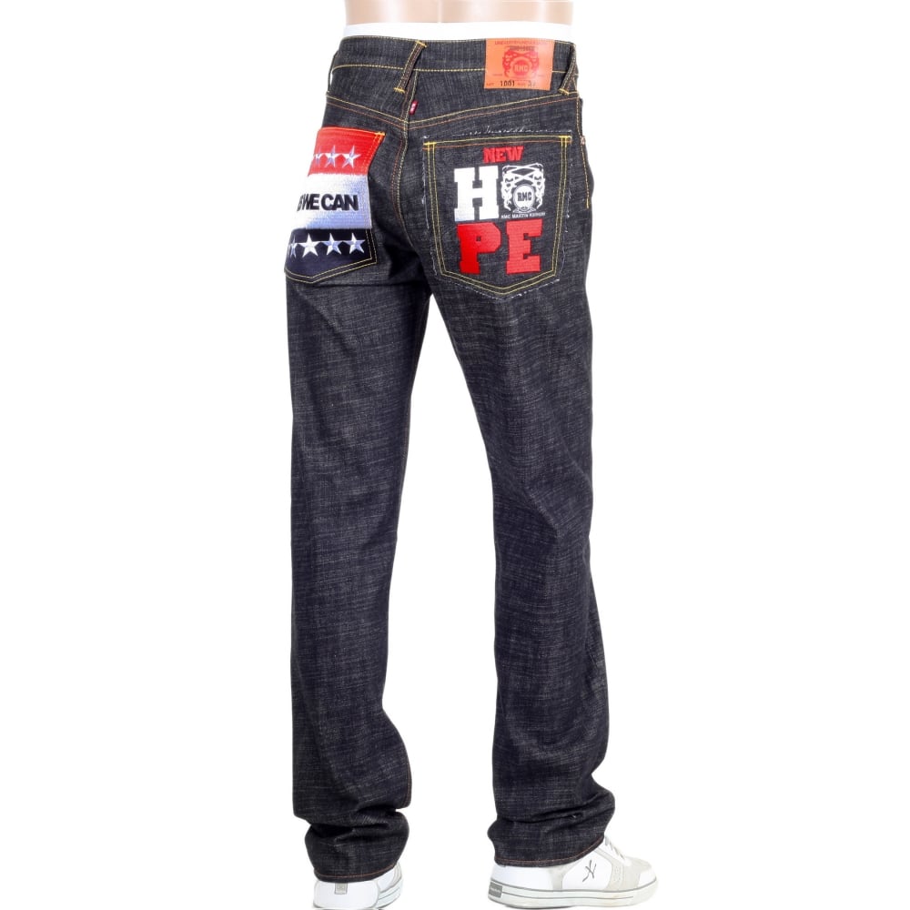 Embroidered Obama Yes We Can Black Selvedge Raw Denim Jeans