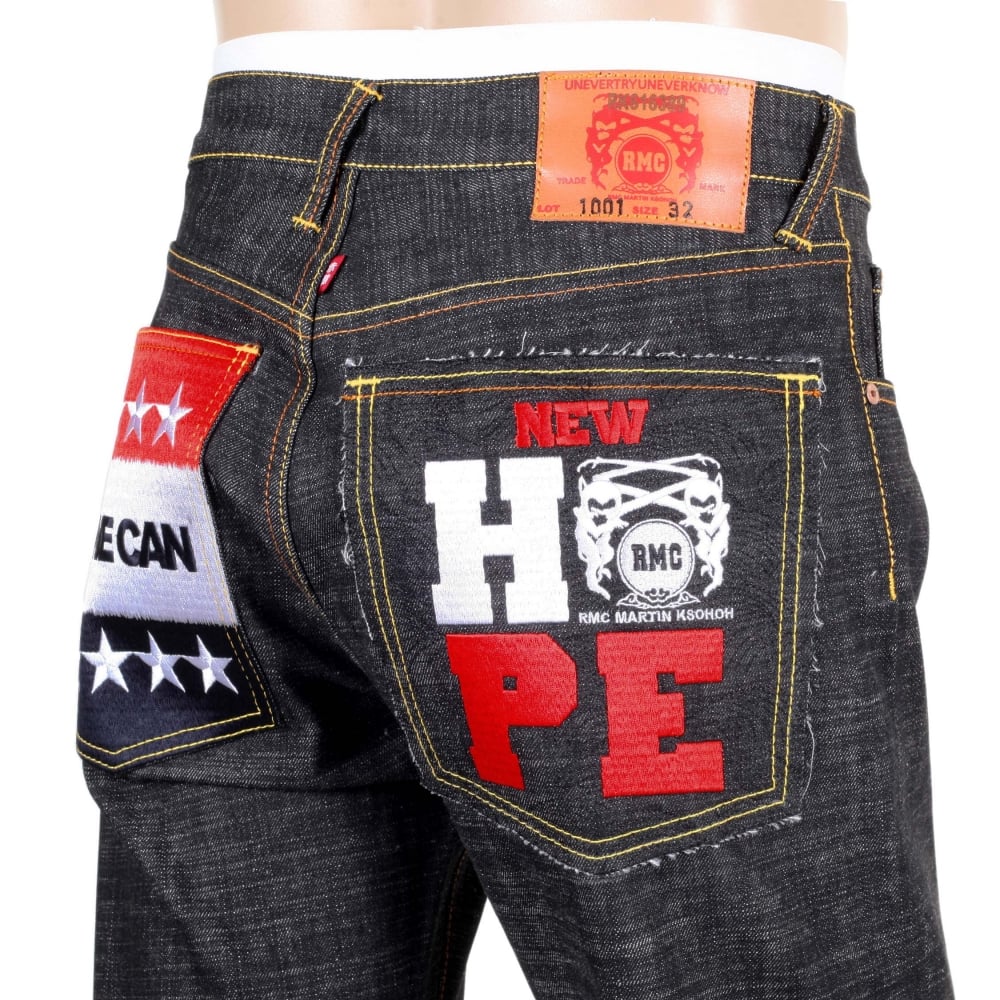 Embroidered Obama Yes We Can Black Selvedge Raw Denim Jeans