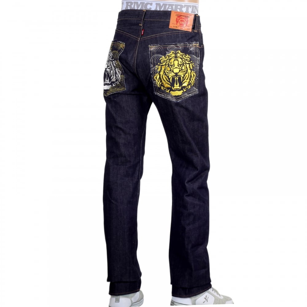 Japanese Model 1001 Raw Selvedge Denim Jeans with Tiger Head on Tsunami Waves Embroidered Pockets