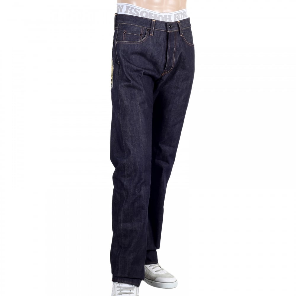 Japanese Model 1001 Raw Selvedge Denim Jeans with Tiger Head on Tsunami Waves Embroidered Pockets