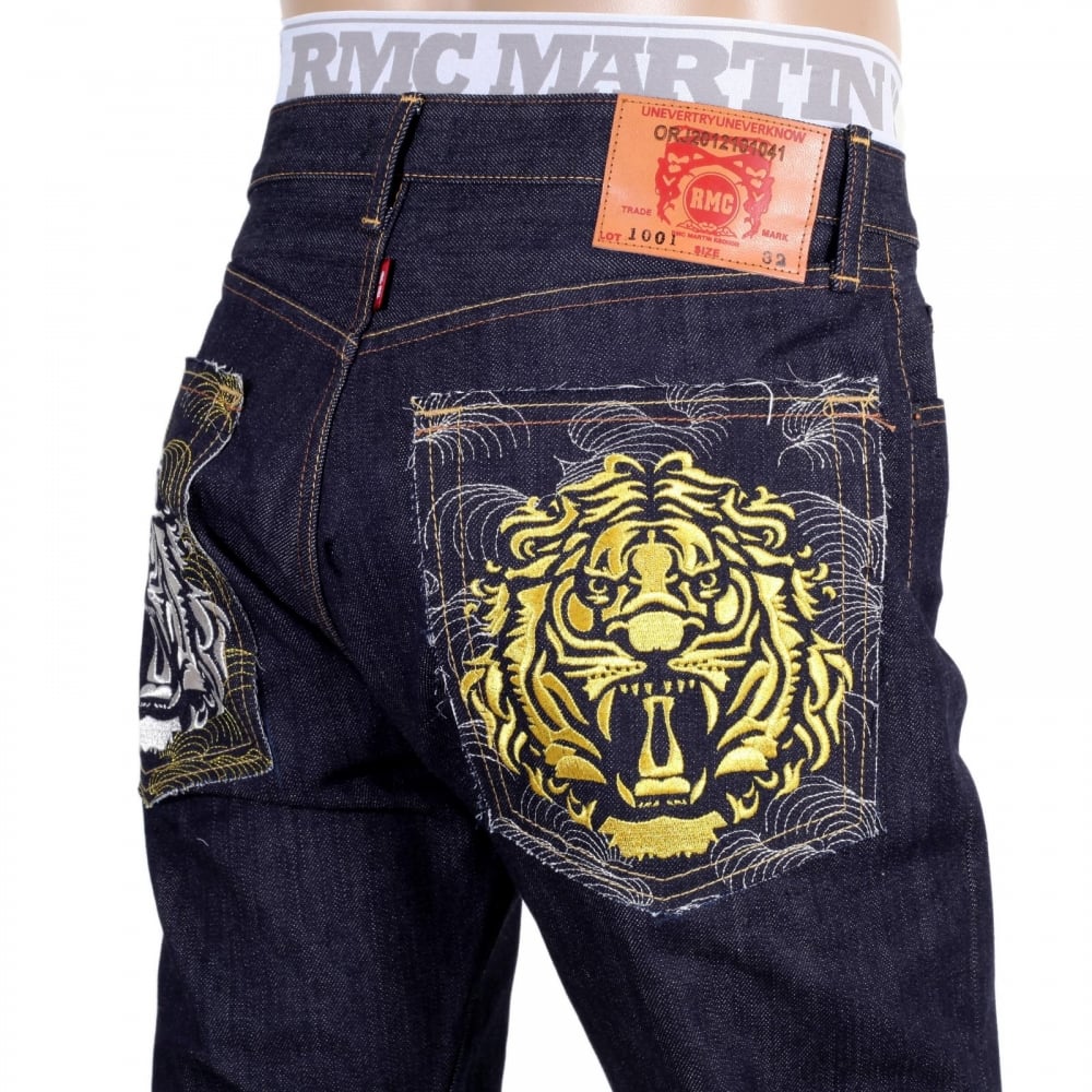 Japanese Model 1001 Raw Selvedge Denim Jeans with Tiger Head on Tsunami Waves Embroidered Pockets