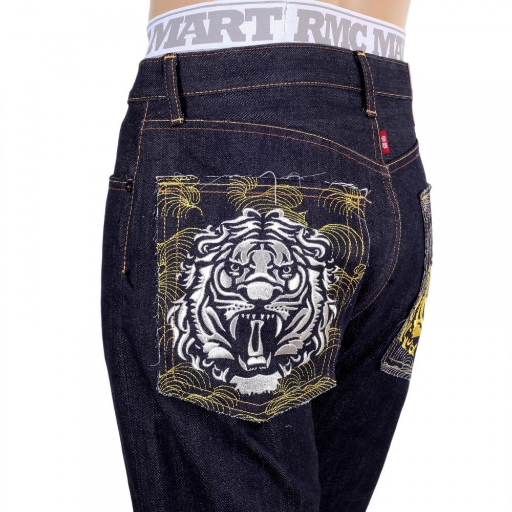 Japanese Model 1001 Raw Selvedge Denim Jeans with Tiger Head on Tsunami Waves Embroidered Pockets