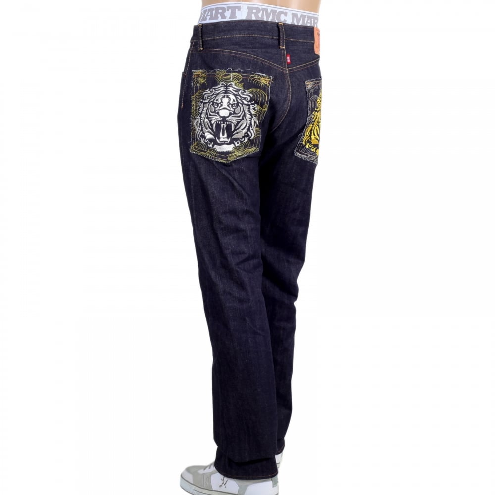 Japanese Model 1001 Raw Selvedge Denim Jeans with Tiger Head on Tsunami Waves Embroidered Pockets