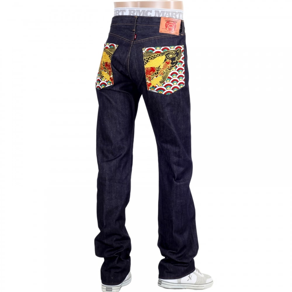 Multi coloured Embroidered Pocket Koi Carp Slimmer 1001 Model Indigo Raw Selvedge Jeans