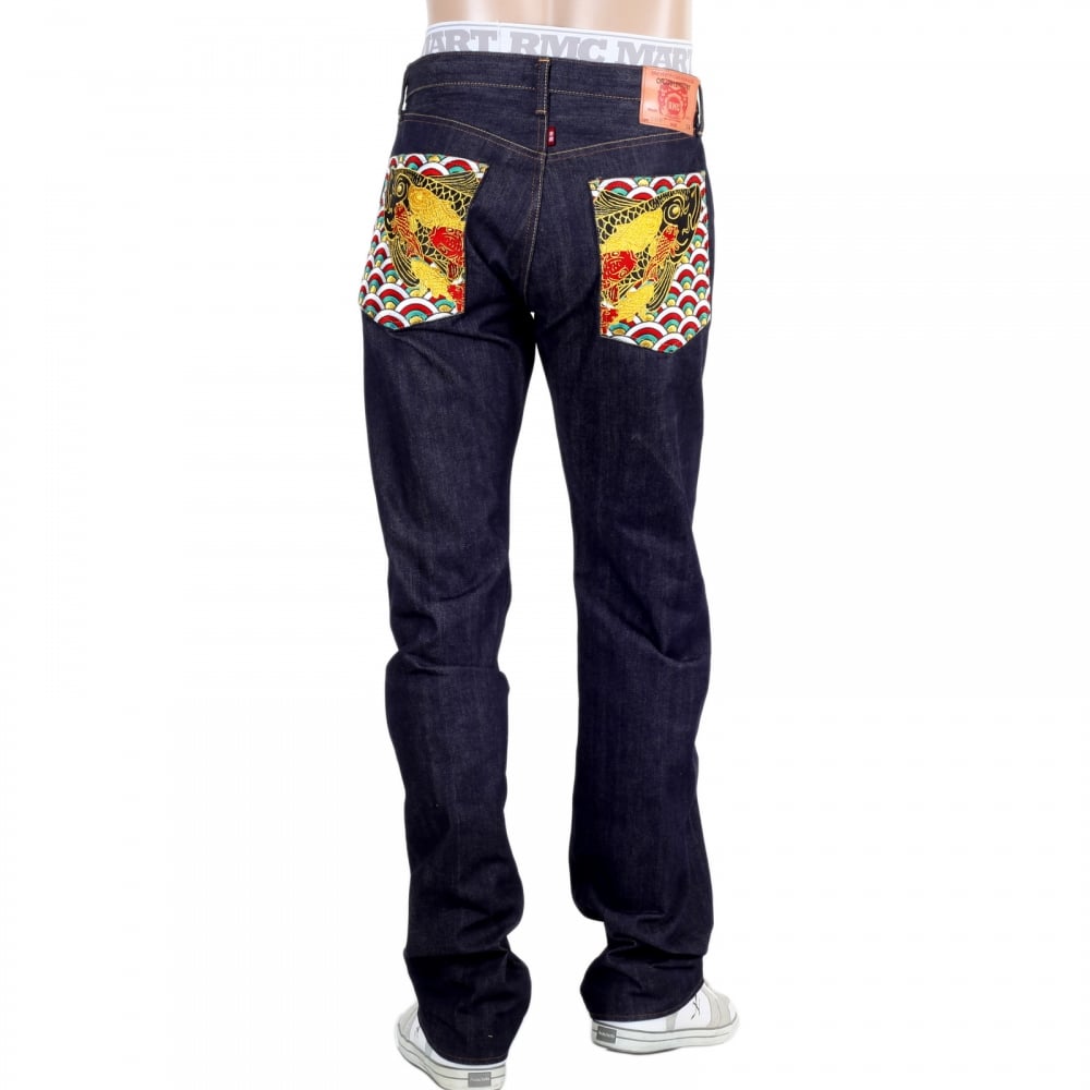 Multi coloured Embroidered Pocket Koi Carp Slimmer 1001 Model Indigo Raw Selvedge Jeans