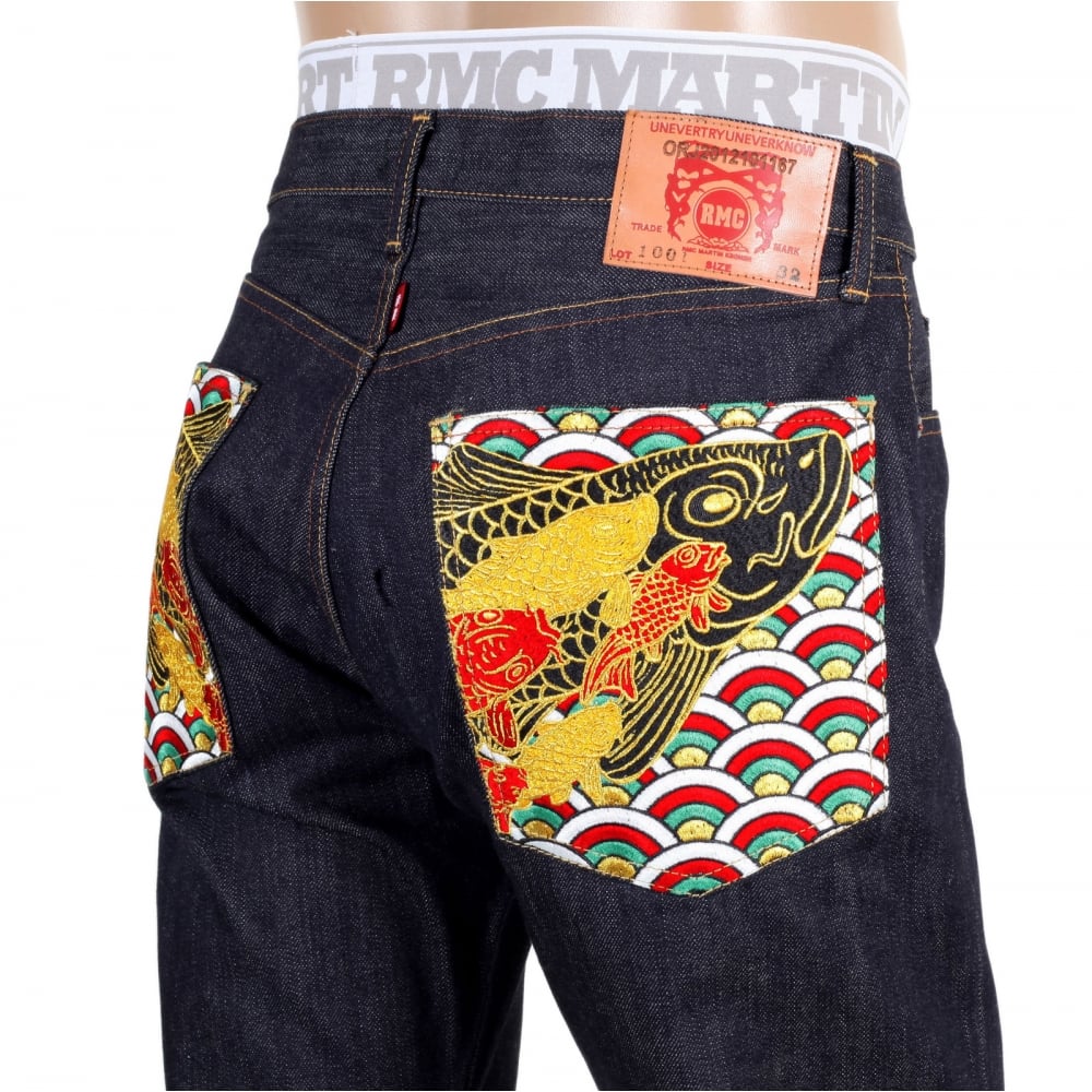 Multi coloured Embroidered Pocket Koi Carp Slimmer 1001 Model Indigo Raw Selvedge Jeans