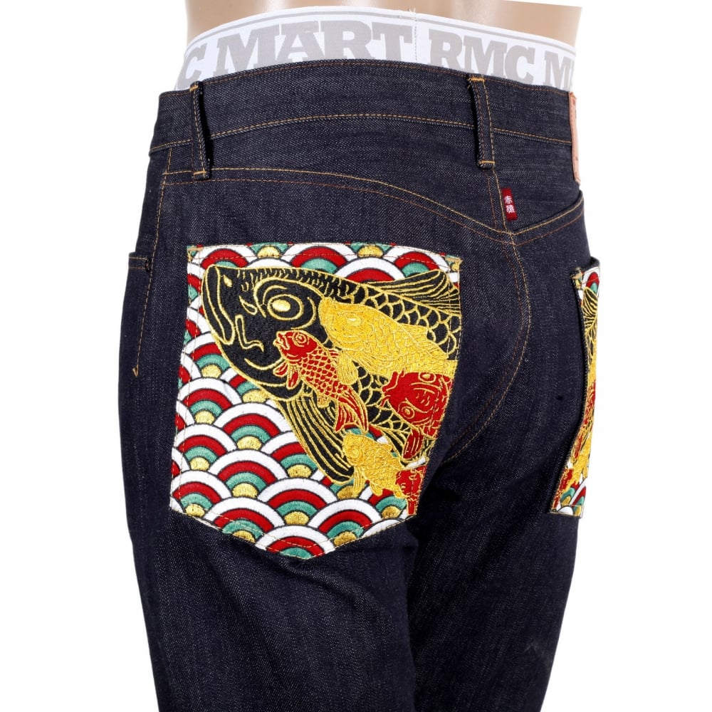 Multi coloured Embroidered Pocket Koi Carp Slimmer 1001 Model Indigo Raw Selvedge Jeans
