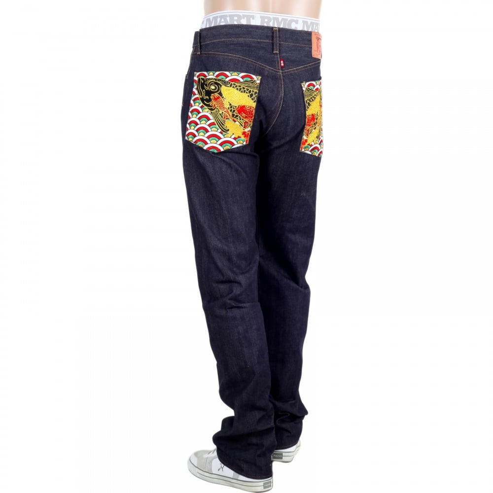 Multi coloured Embroidered Pocket Koi Carp Slimmer 1001 Model Indigo Raw Selvedge Jeans